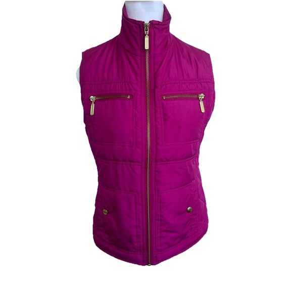 Chico's Women's Size 0 Pink Gold Puffer Sleeveless Pocket Vest Gold Zippers - Picture 1 of 8